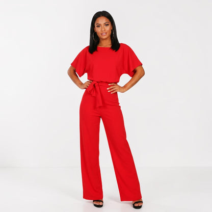 Wide-Leg Belted Short Sleeve Jumpsuit