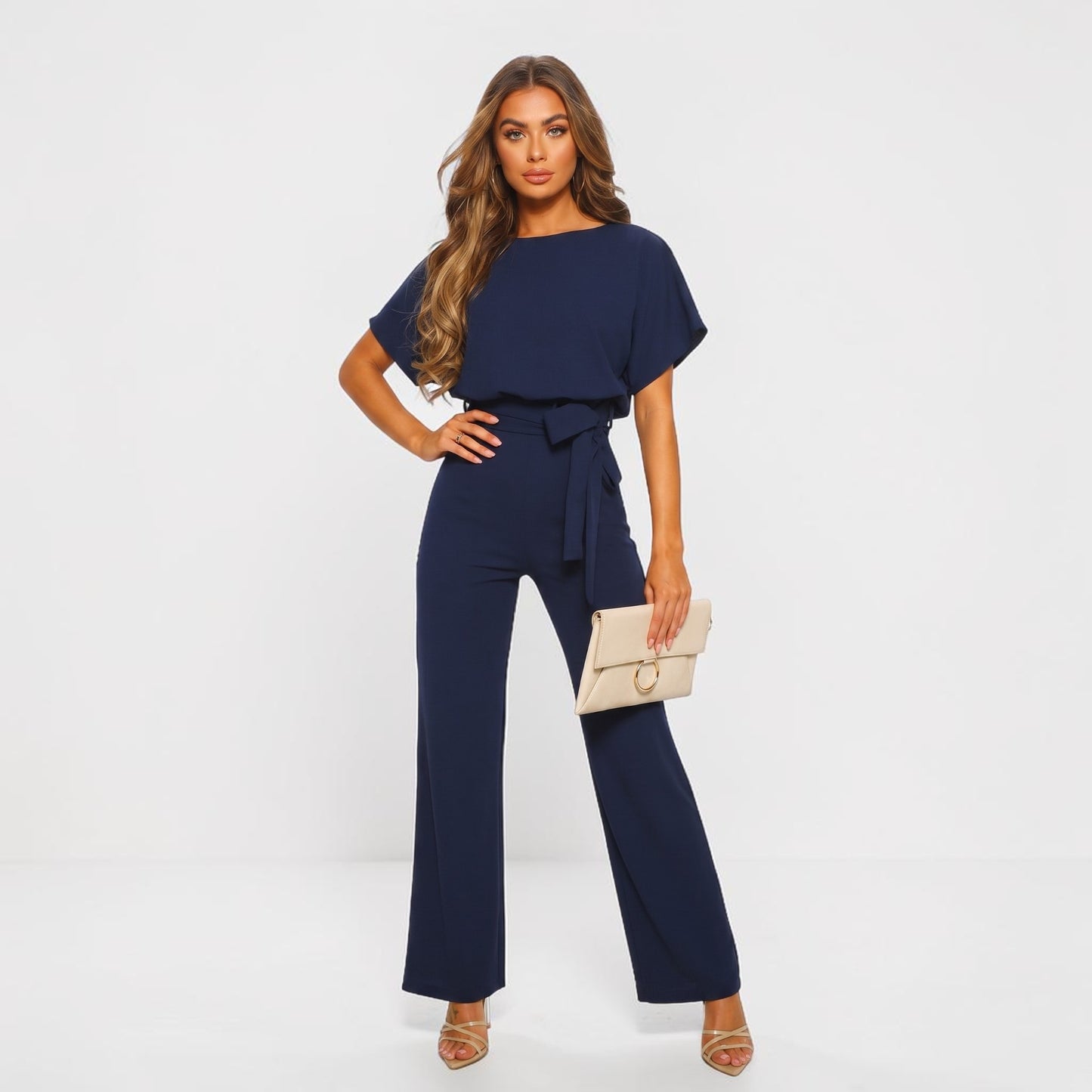 Wide-Leg Belted Short Sleeve Jumpsuit
