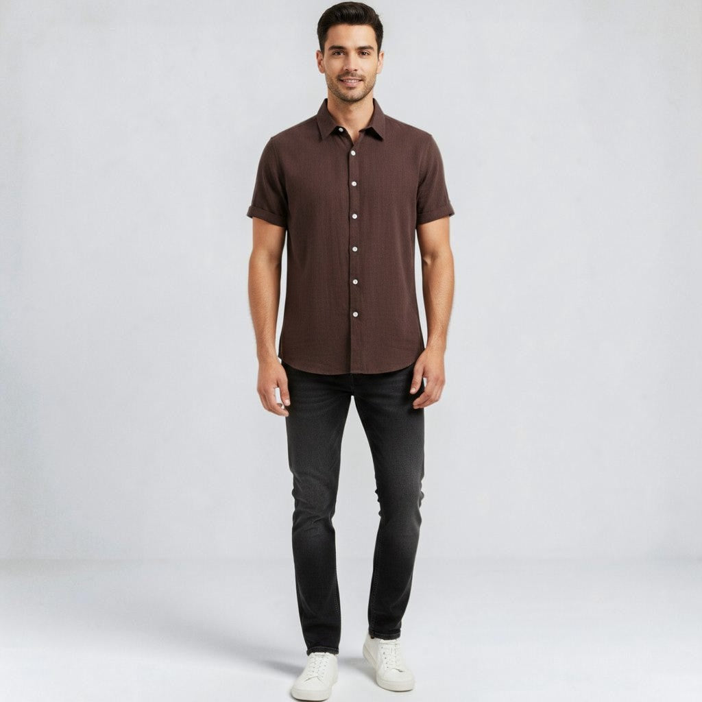 Montarello Men's Linen-Look Short Sleeve Shirt Button-Up
