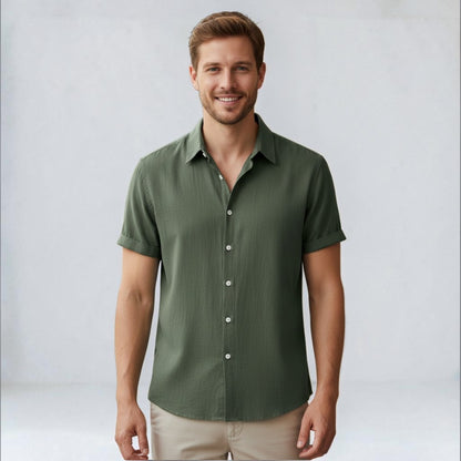 Montarello Men's Linen-Look Short Sleeve Shirt Button-Up