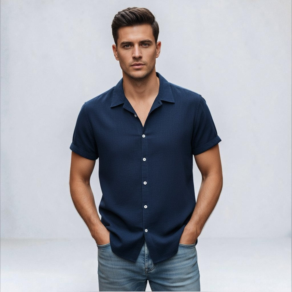Montarello Men's Linen-Look Short Sleeve Shirt Button-Up