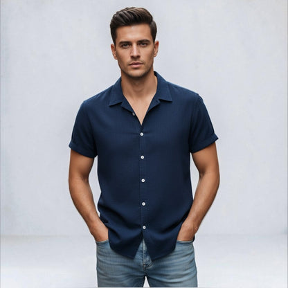 Montarello Men's Linen-Look Short Sleeve Shirt Button-Up