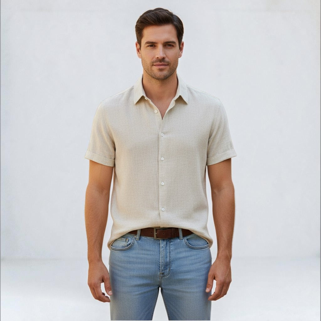 Montarello Men's Linen-Look Short Sleeve Shirt Button-Up