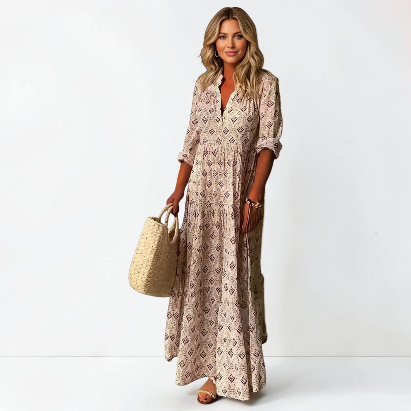 Montarello Women's Boho Print Maxi Shirt Dress Long Sleeve