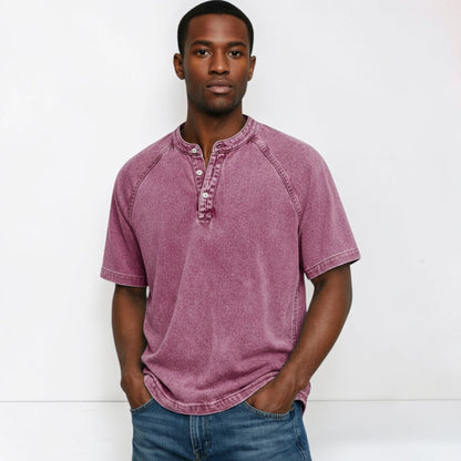 Montarello Men's Washed Henley T-Shirt Raglan Short Sleeve
