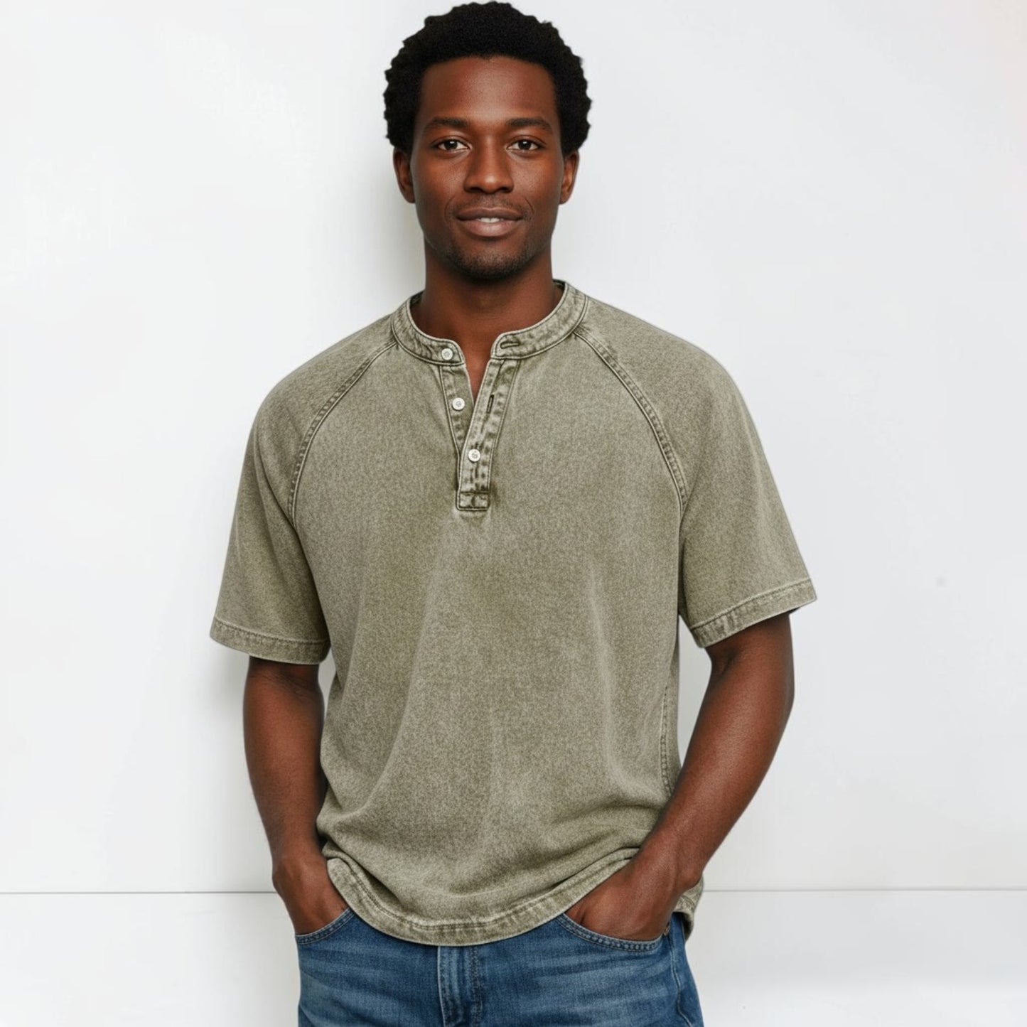 Montarello Men's Washed Henley T-Shirt Raglan Short Sleeve
