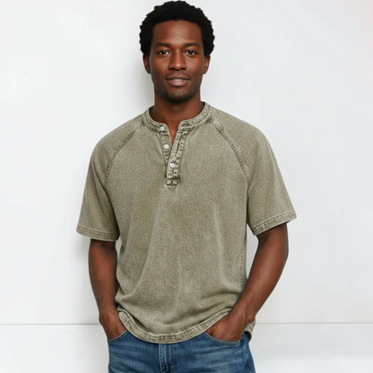 Montarello Men's Washed Henley T-Shirt Raglan Short Sleeve