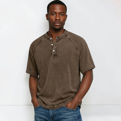 Montarello Men's Washed Henley T-Shirt Raglan Short Sleeve