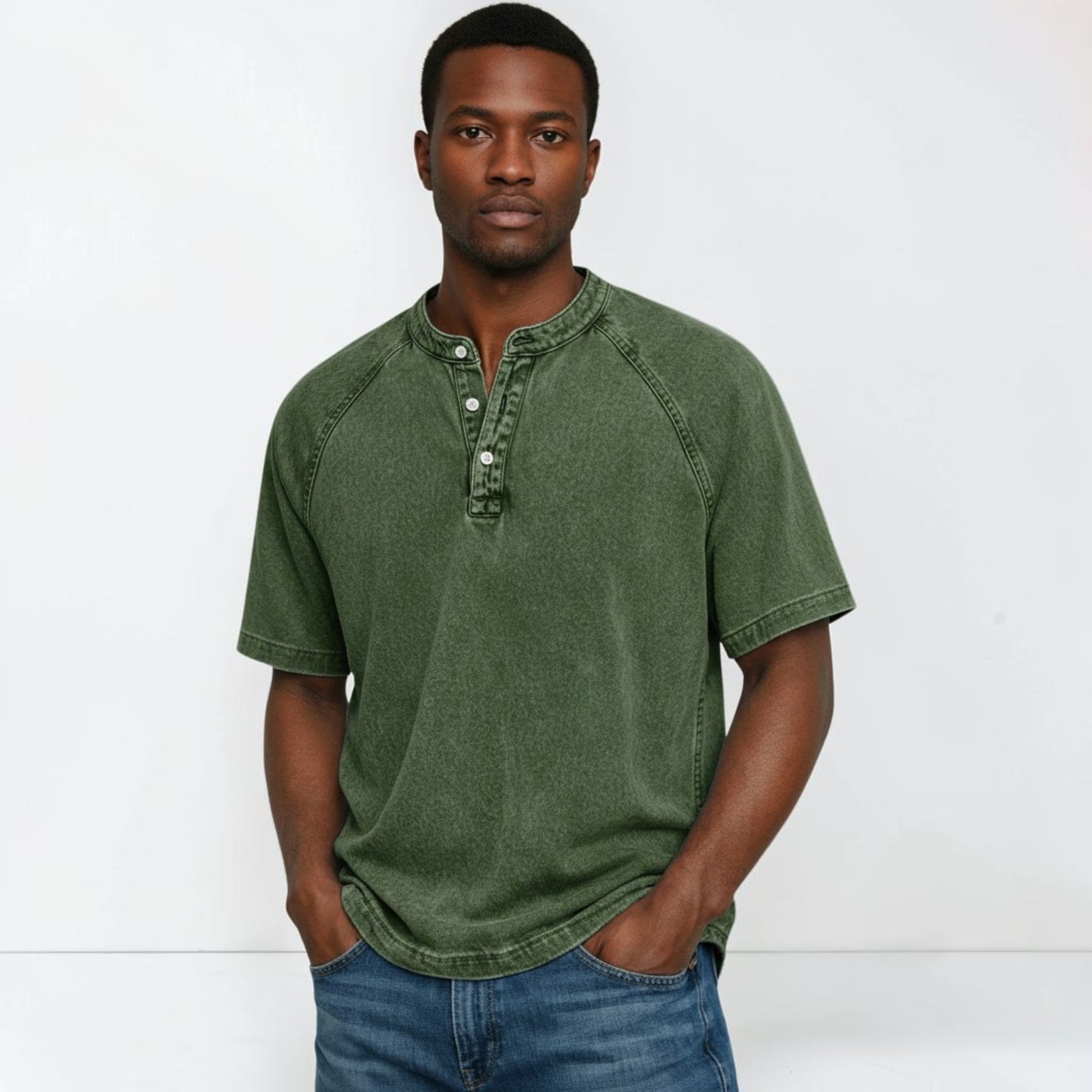 Montarello Men's Washed Henley T-Shirt Raglan Short Sleeve