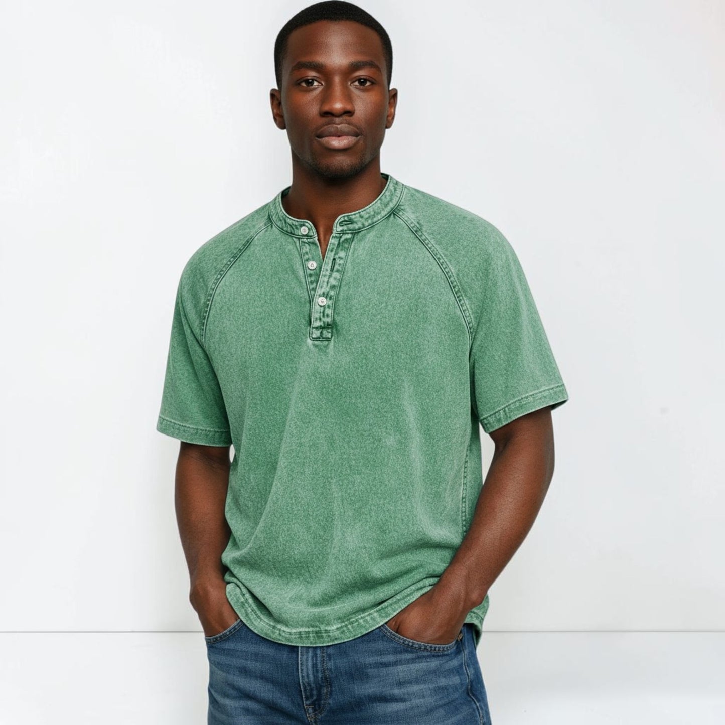 Montarello Men's Washed Henley T-Shirt Raglan Short Sleeve