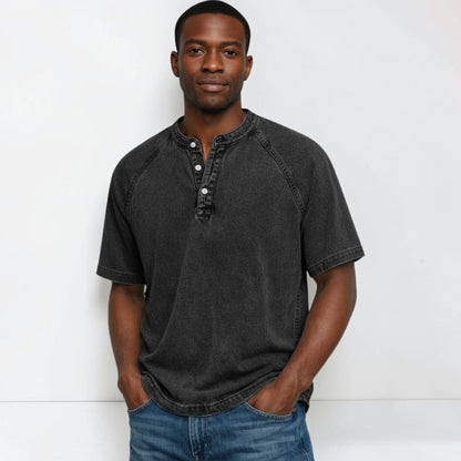 Montarello Men's Washed Henley T-Shirt Raglan Short Sleeve