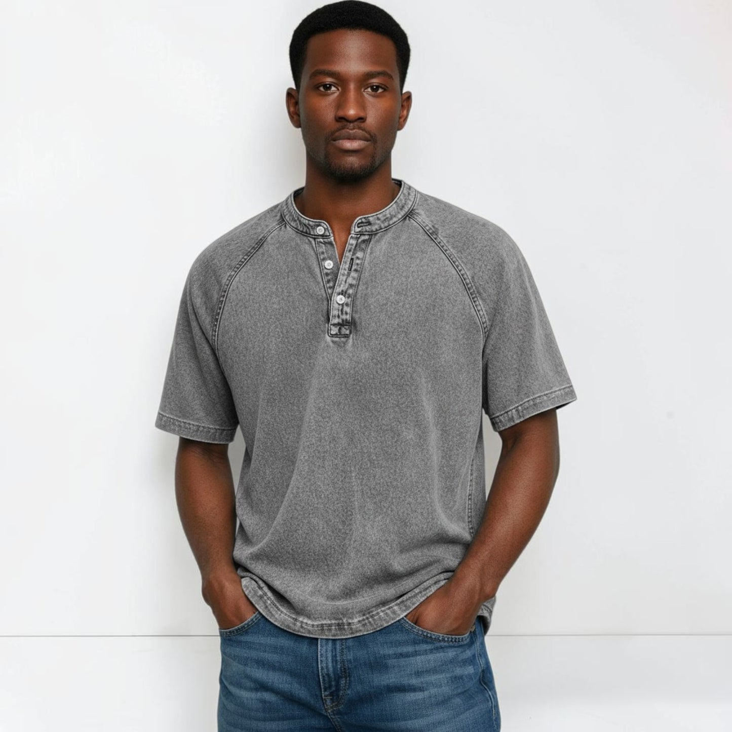 Montarello Men's Washed Henley T-Shirt Raglan Short Sleeve