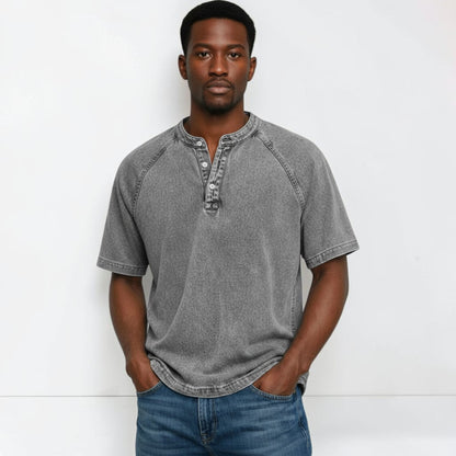 Montarello Men's Washed Henley T-Shirt Raglan Short Sleeve