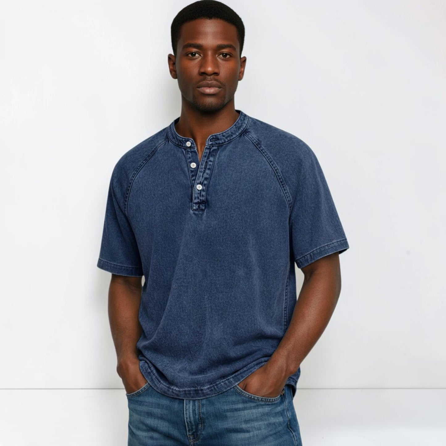 Montarello Men's Washed Henley T-Shirt Raglan Short Sleeve