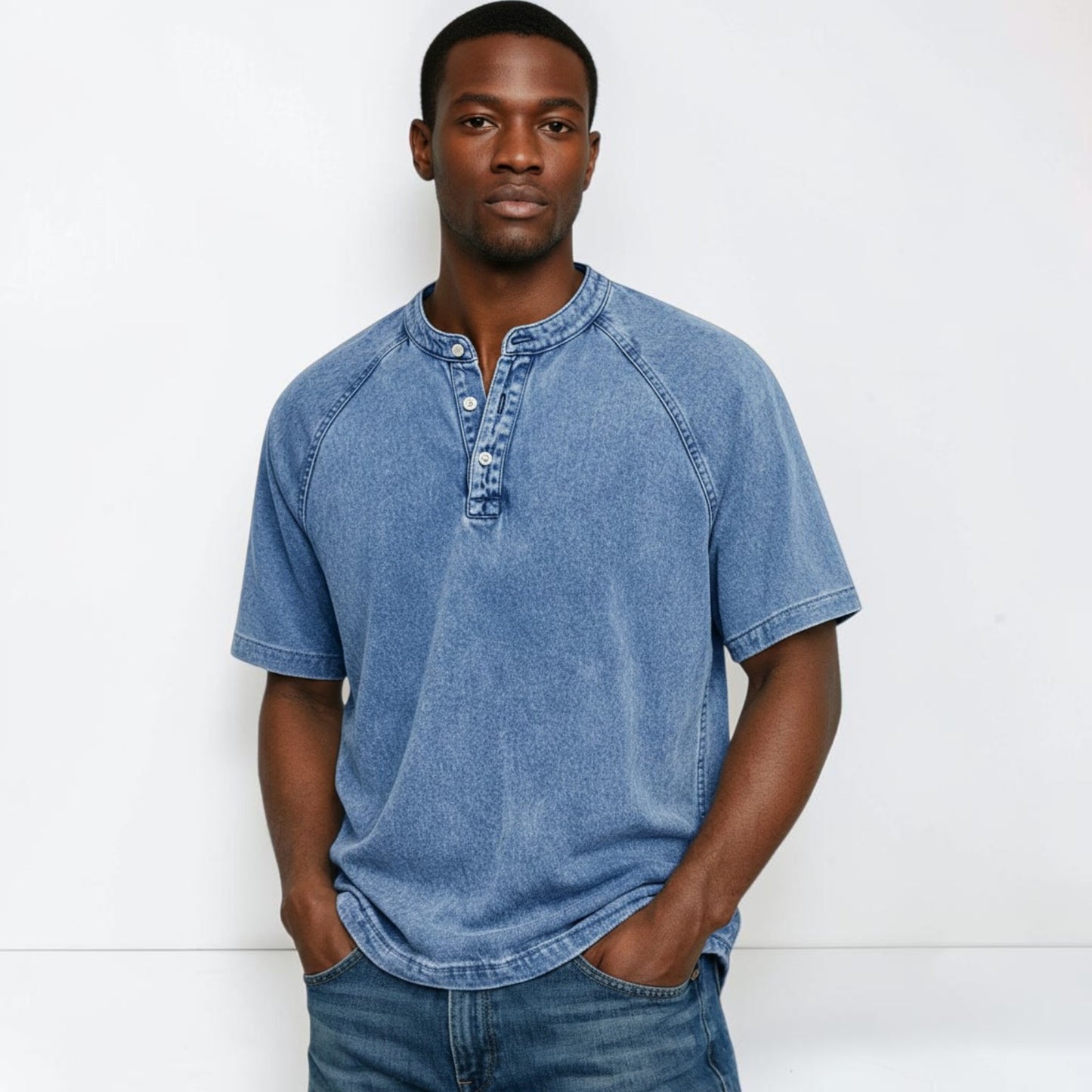 Montarello Men's Washed Henley T-Shirt Raglan Short Sleeve