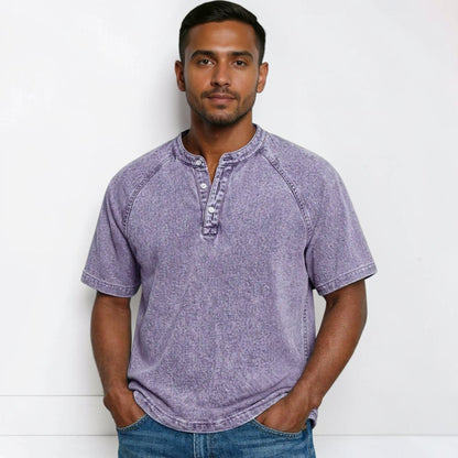 Montarello Men's Washed Henley T-Shirt Raglan Short Sleeve