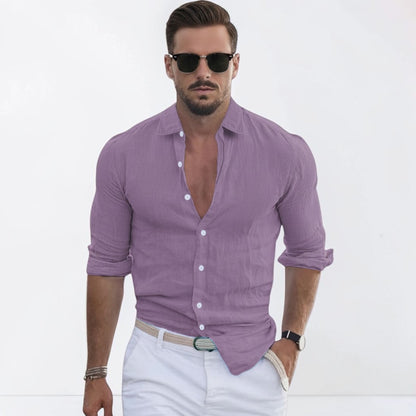 Montarello Men's Linen-Look Slim Fit Shirt Open Collar