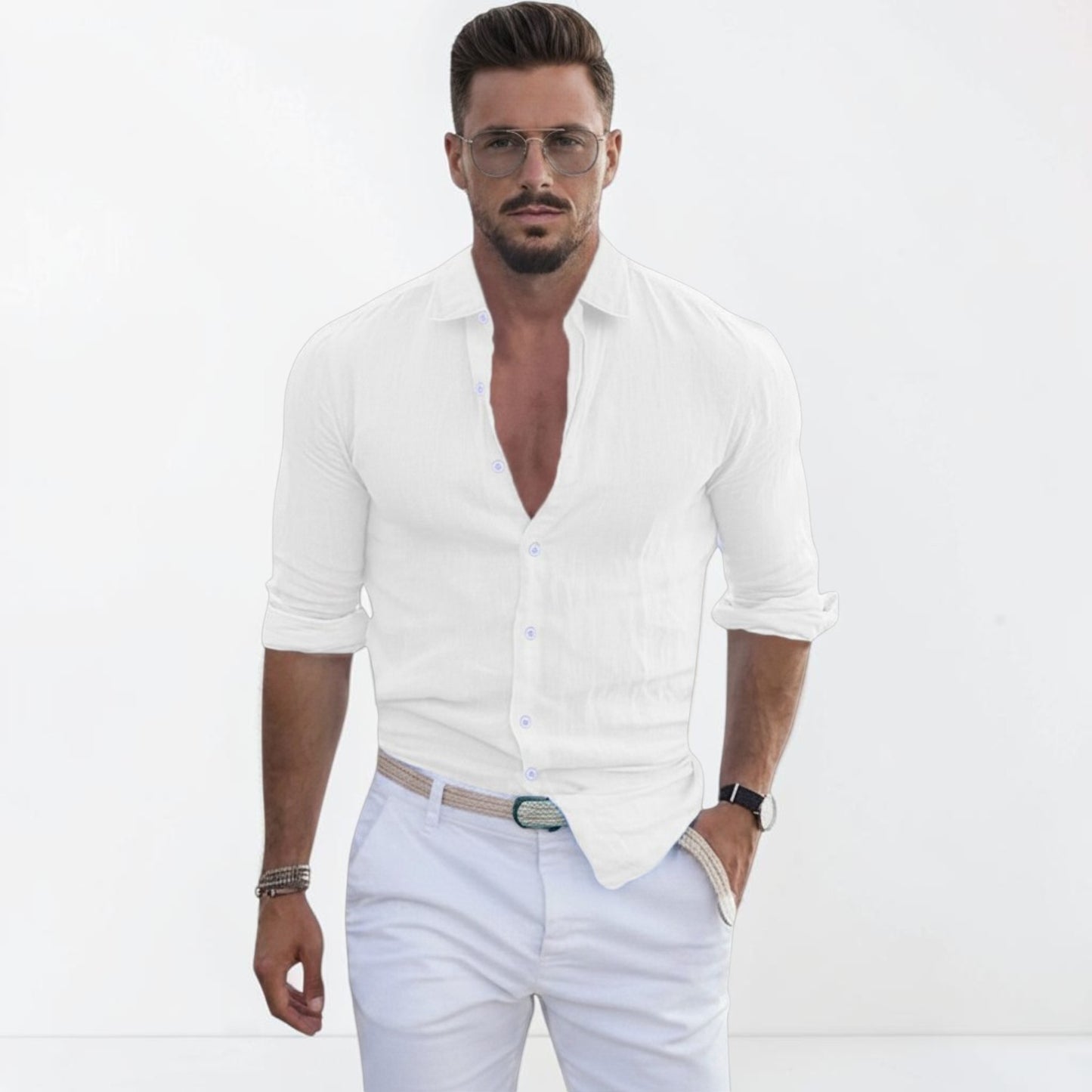 Montarello Men's Linen-Look Slim Fit Shirt Open Collar