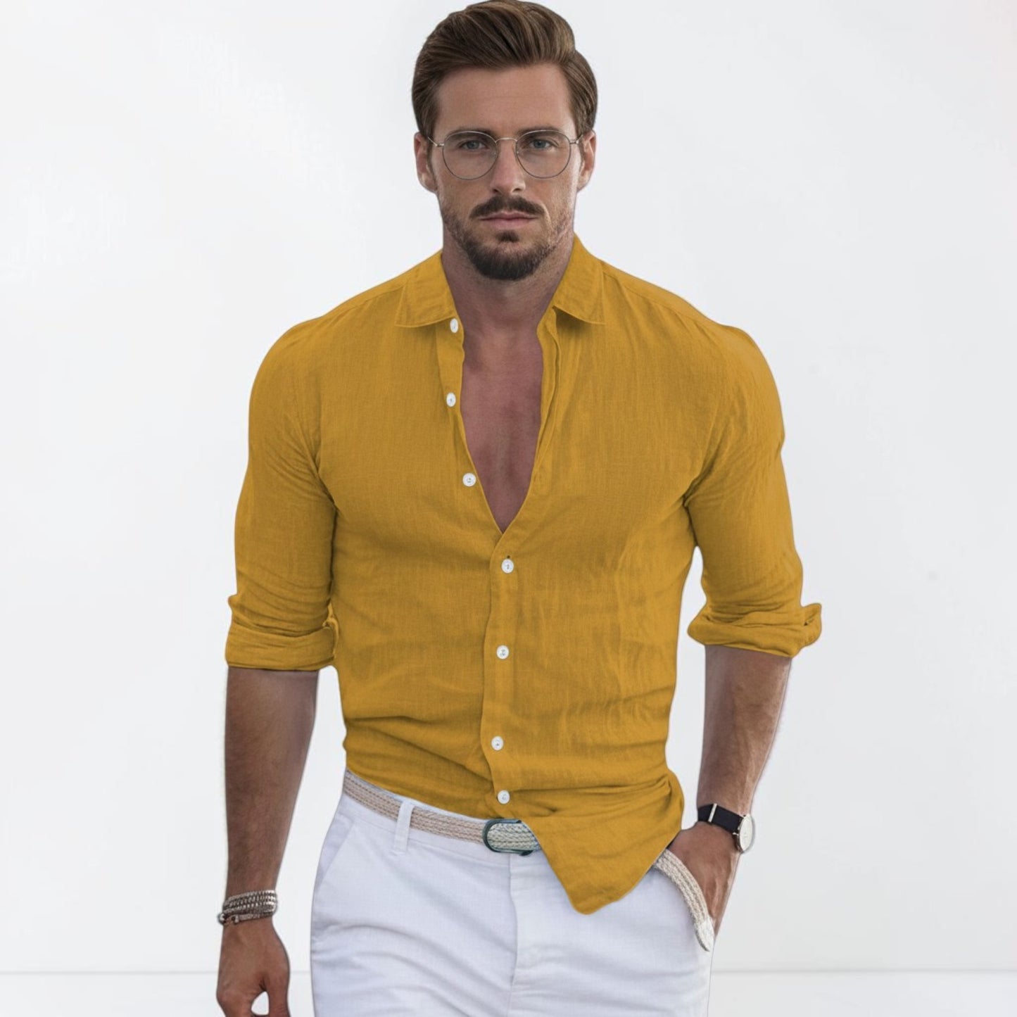 Montarello Men's Linen-Look Slim Fit Shirt Open Collar