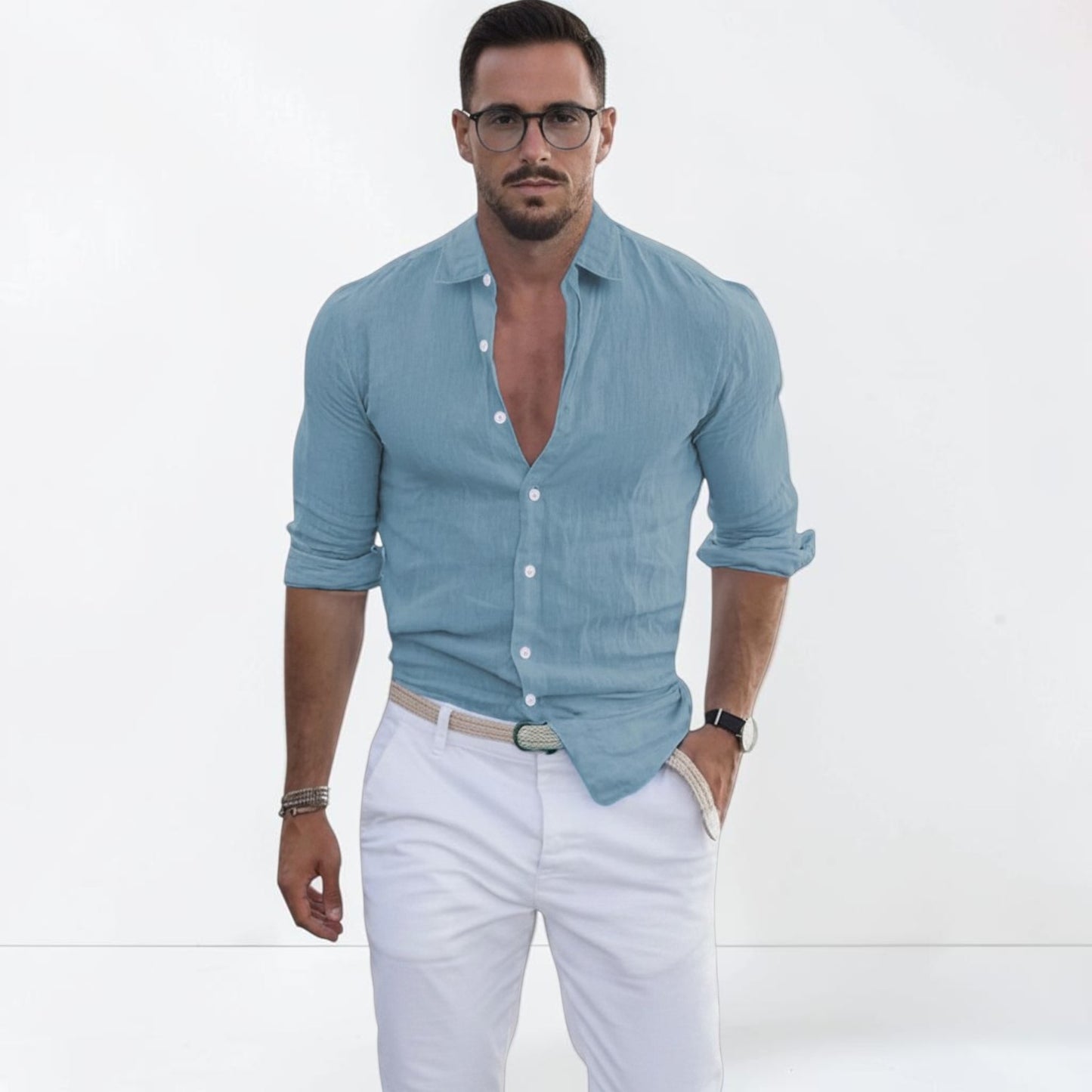 Montarello Men's Linen-Look Slim Fit Shirt Open Collar
