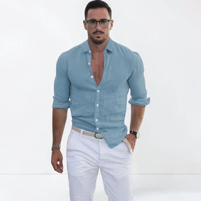 Montarello Men's Linen-Look Slim Fit Shirt Open Collar