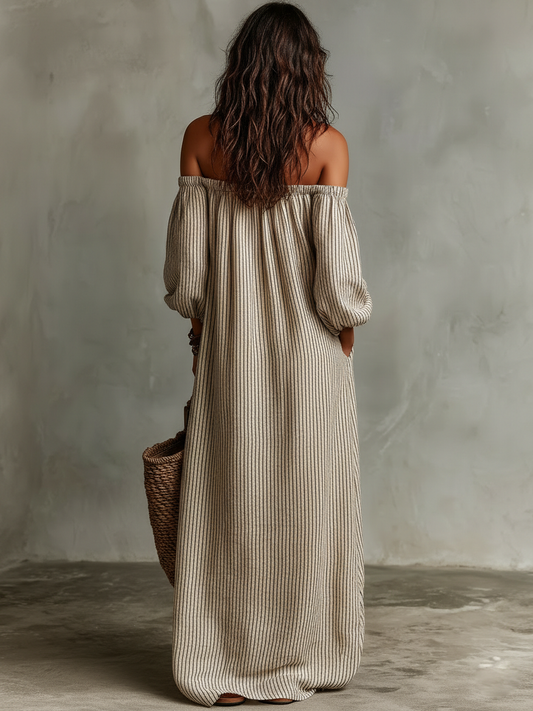 Montarello Women's Off-Shoulder Long-Sleeve Linen-Look Maxi Beach Dress