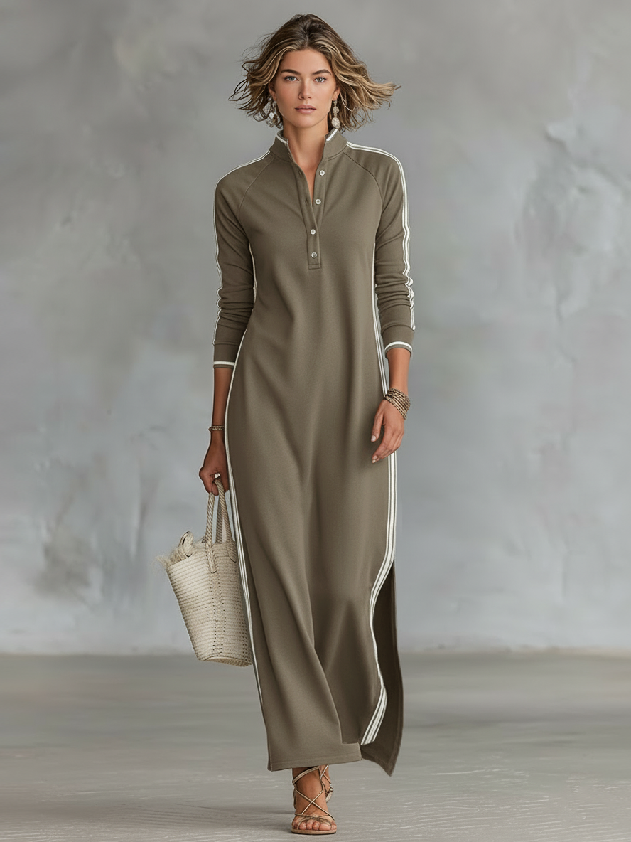 Montarello Women's Long-Sleeve Button Collar Side Stripe Maxi Dress