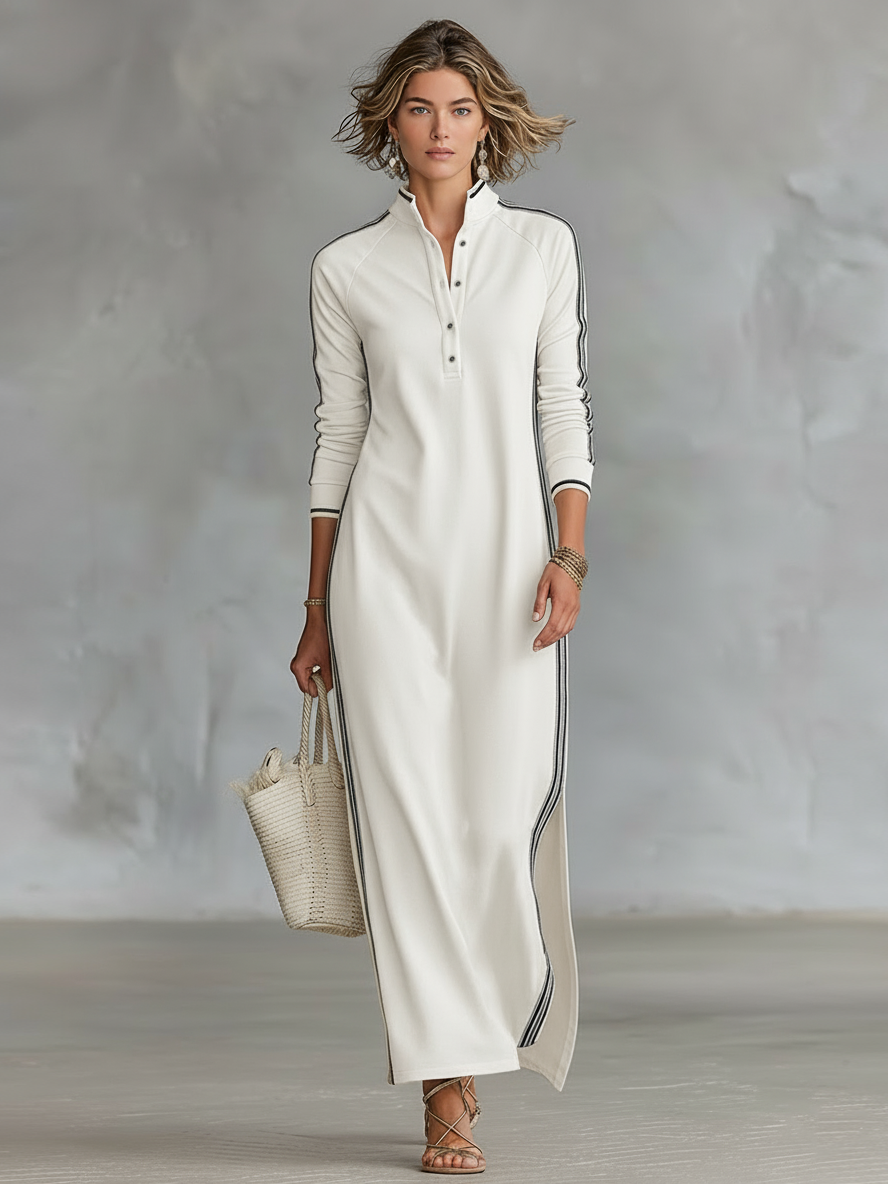 Montarello Women's Long-Sleeve Button Collar Side Stripe Maxi Dress