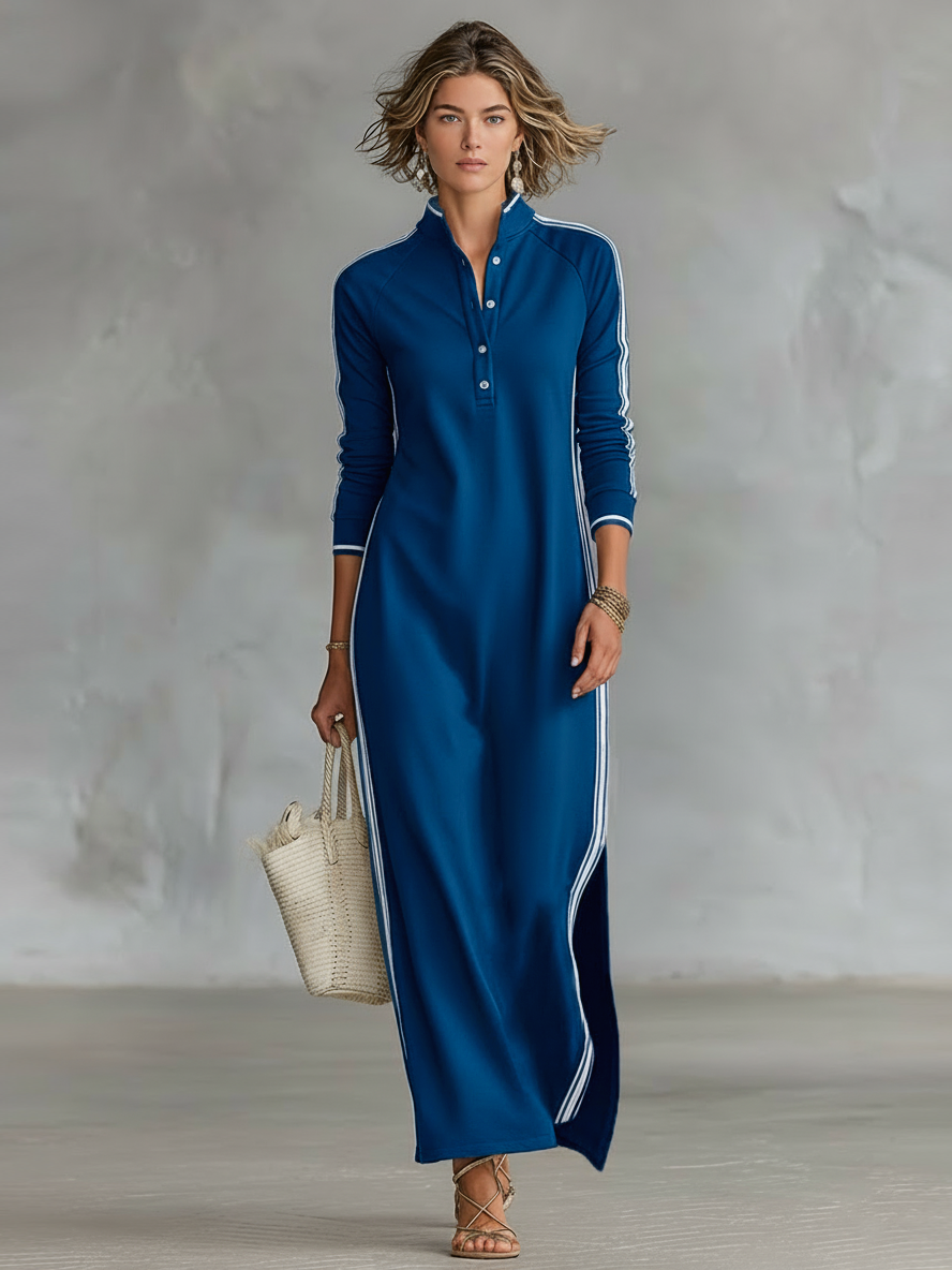 Montarello Women's Long-Sleeve Button Collar Side Stripe Maxi Dress