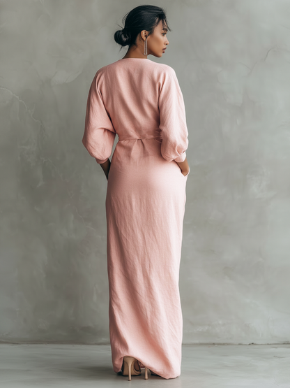 Montarello Women's V-Neck Linen-Look Wrap Maxi Dress