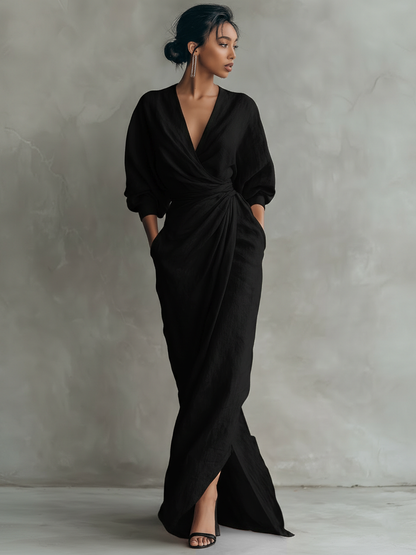 Montarello Women's V-Neck Linen-Look Wrap Maxi Dress