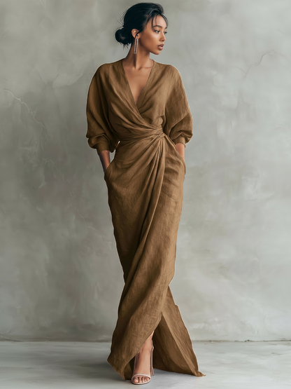 Montarello Women's V-Neck Linen-Look Wrap Maxi Dress