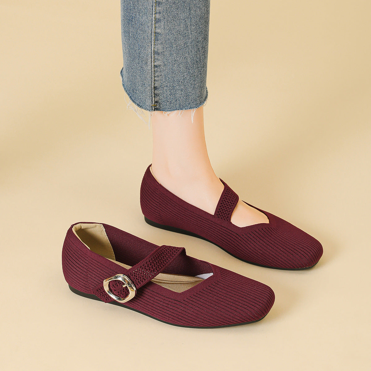 Montarello Women's Square Toe Knit Mary Jane Flats