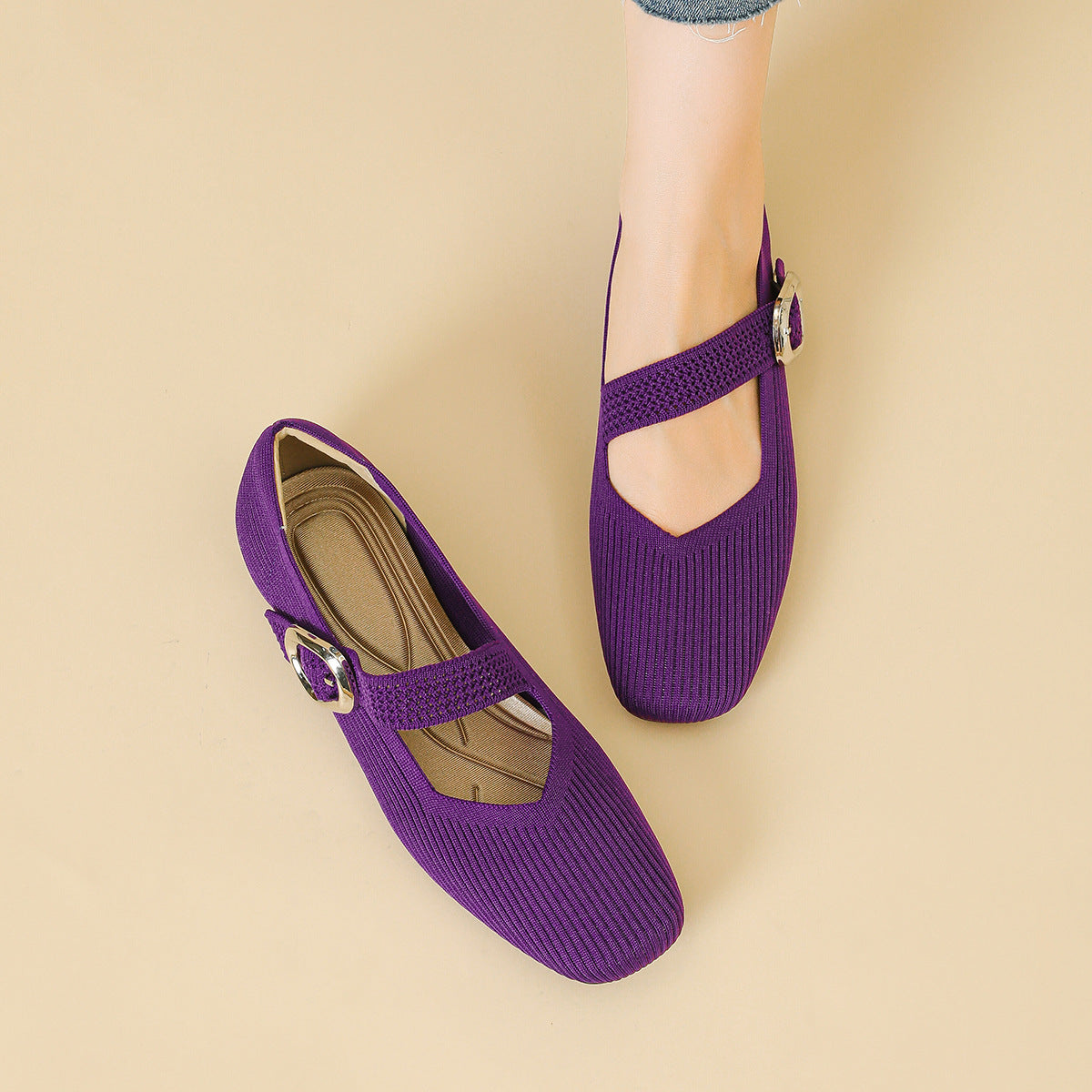 Montarello Women's Square Toe Knit Mary Jane Flats