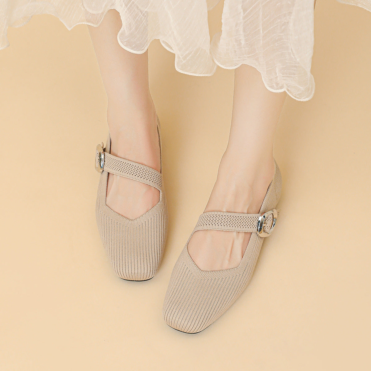 Montarello Women's Square Toe Knit Mary Jane Flats