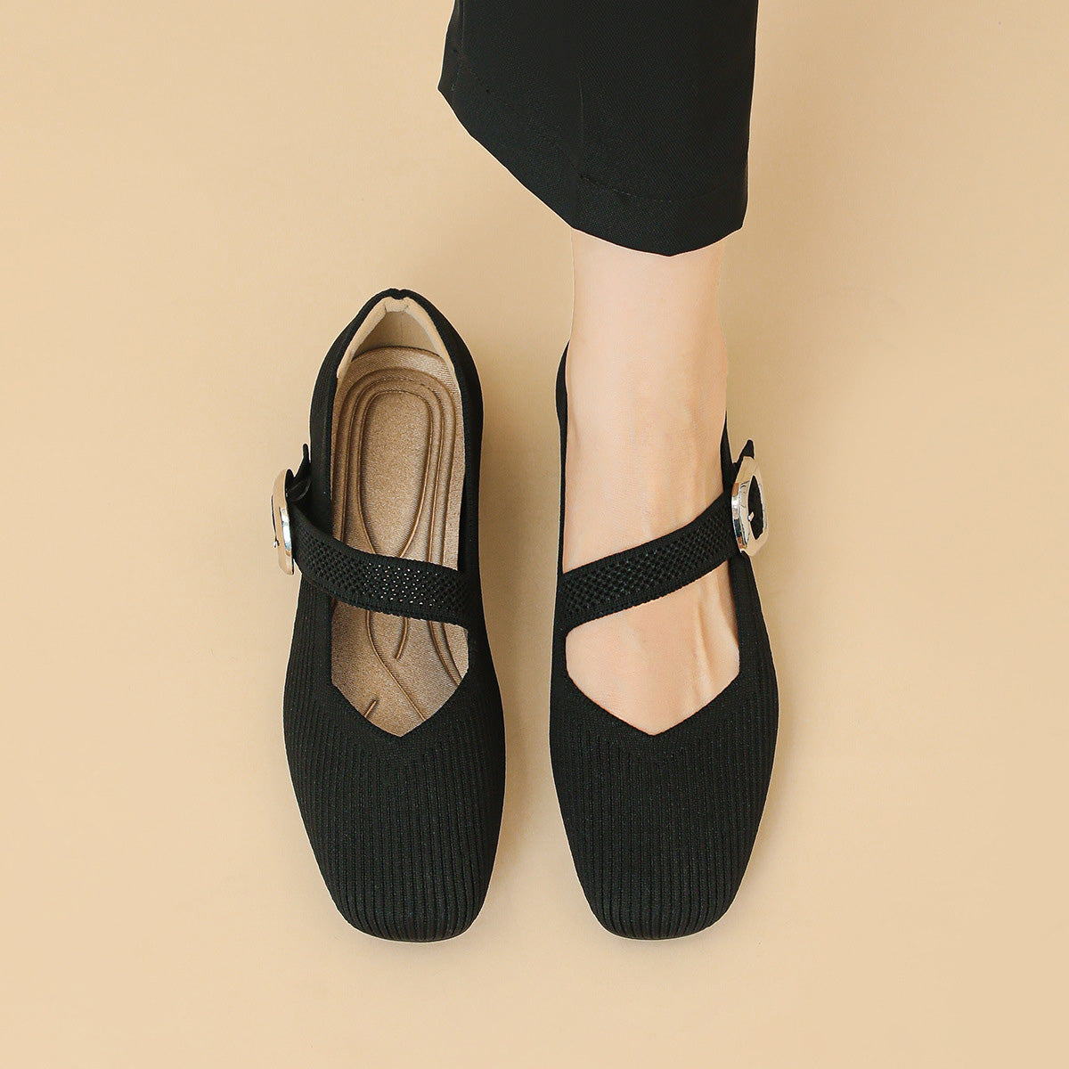 Montarello Women's Square Toe Knit Mary Jane Flats