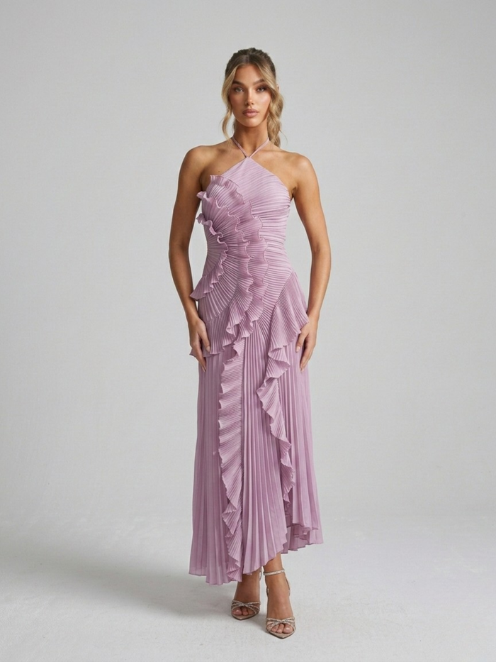 Montarello Women's Pleated Ruffle Halterneck Maxi Dress – Wedding Guest Style