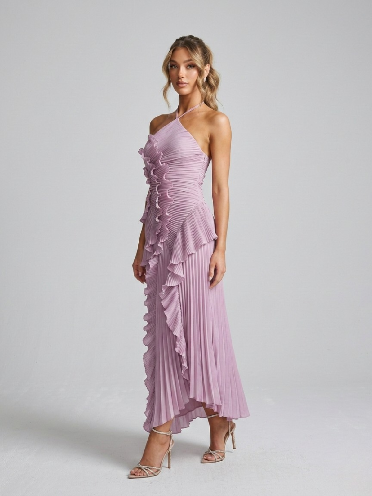 Montarello Women's Pleated Ruffle Halterneck Maxi Dress – Wedding Guest Style