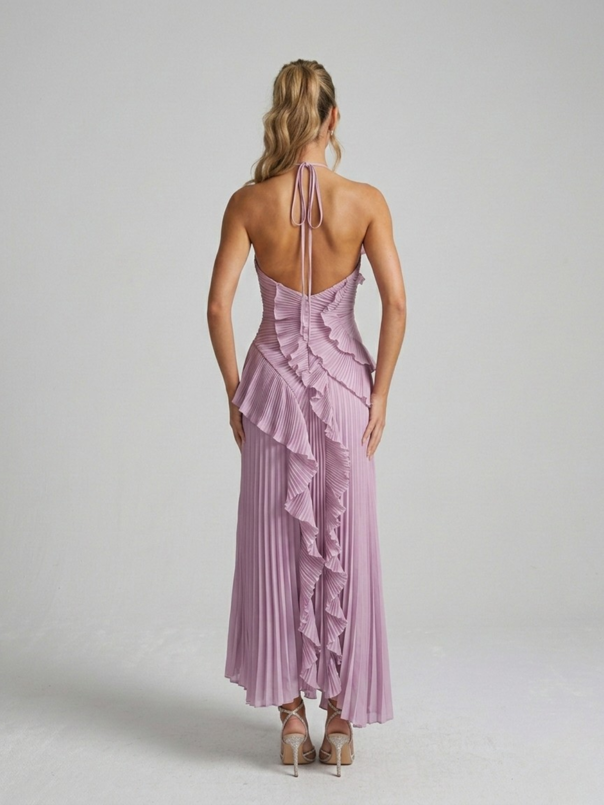 Montarello Women's Pleated Ruffle Halterneck Maxi Dress – Wedding Guest Style