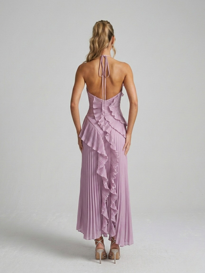 Robe maxi plissée à volants et col halter pour femme Montarello – Style invité de mariage
