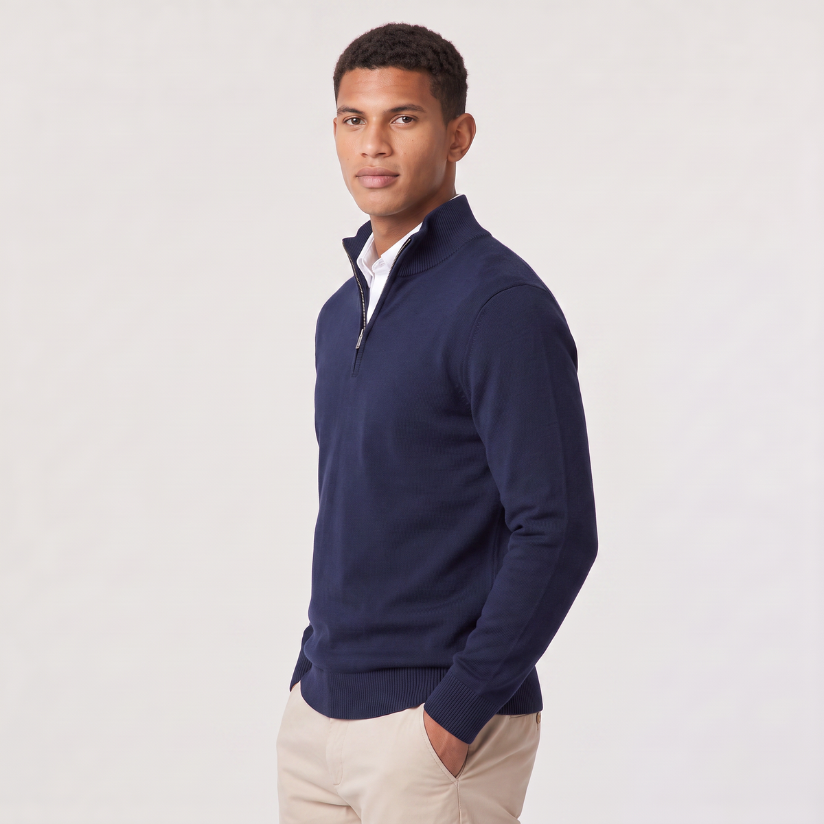 Montarello Men's Quarter-Zip Knitted-Look Sweater with Stand Collar