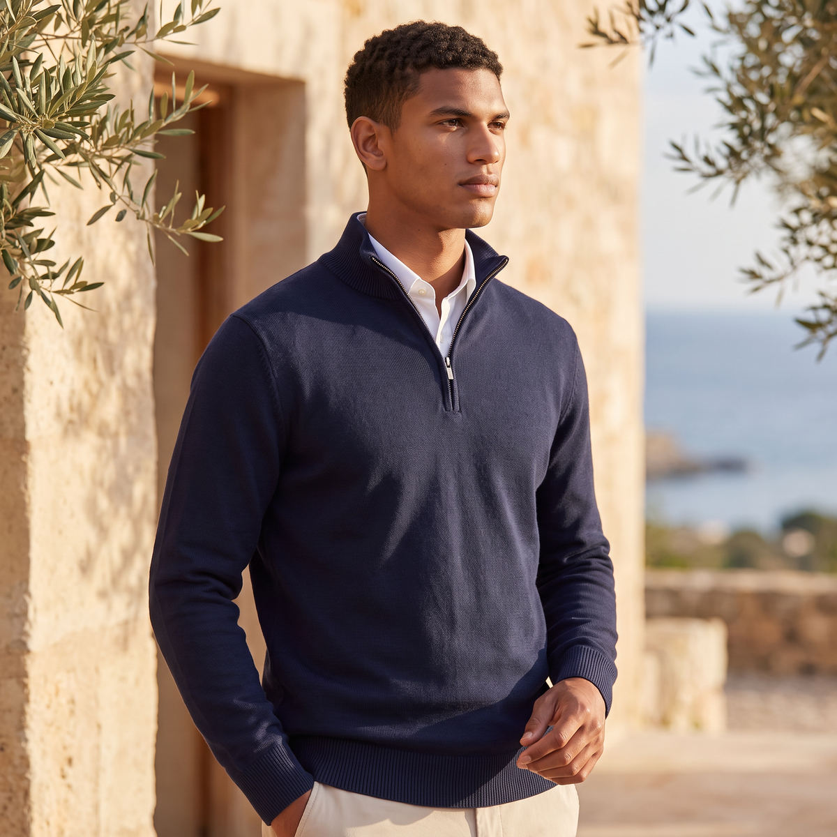 Montarello Men's Quarter-Zip Knitted-Look Sweater with Stand Collar