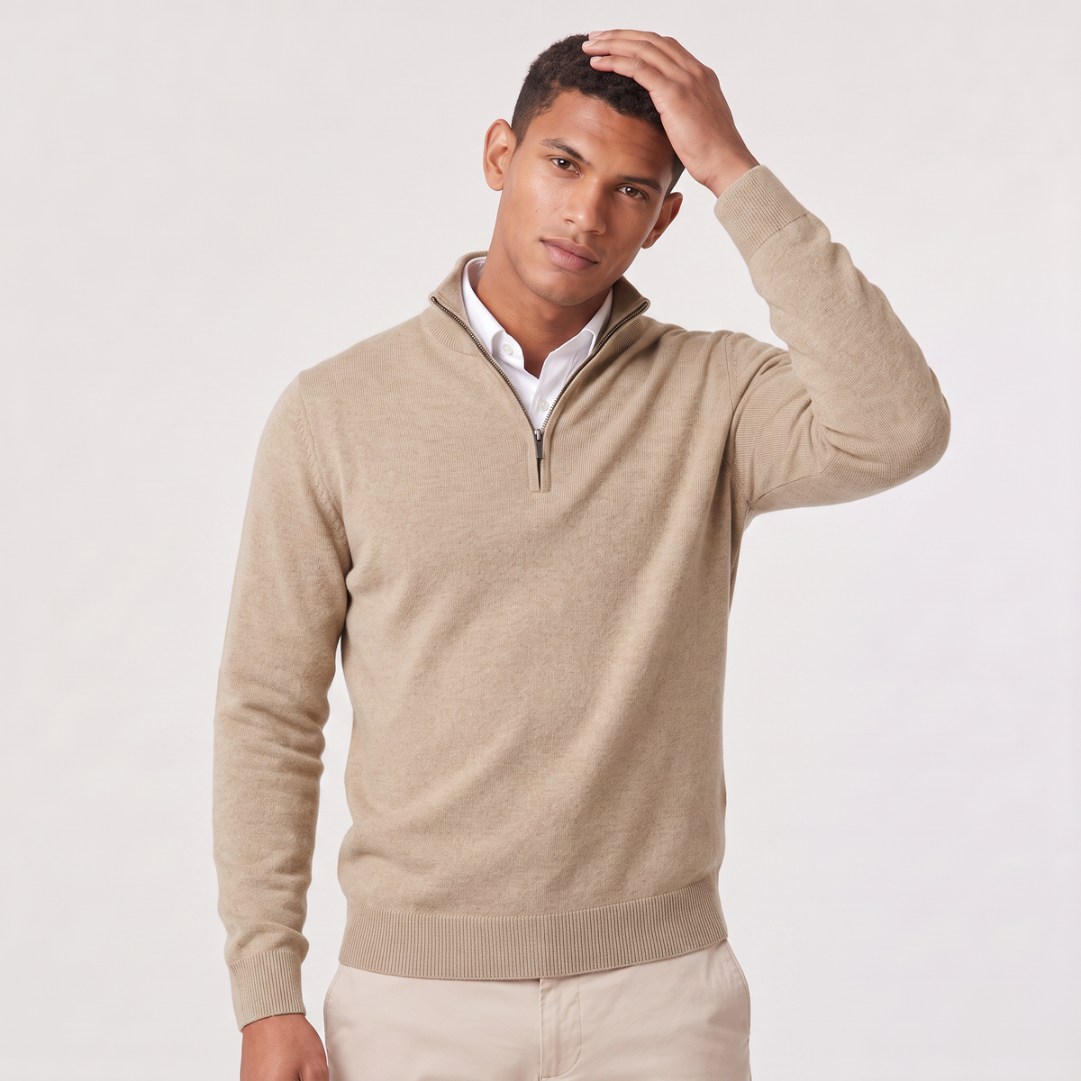 Montarello Men's Quarter-Zip Knitted-Look Sweater with Stand Collar