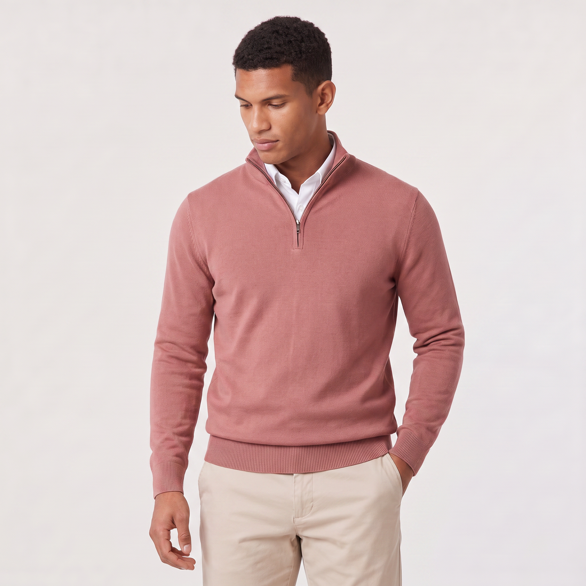 Montarello Men's Quarter-Zip Knitted-Look Sweater with Stand Collar