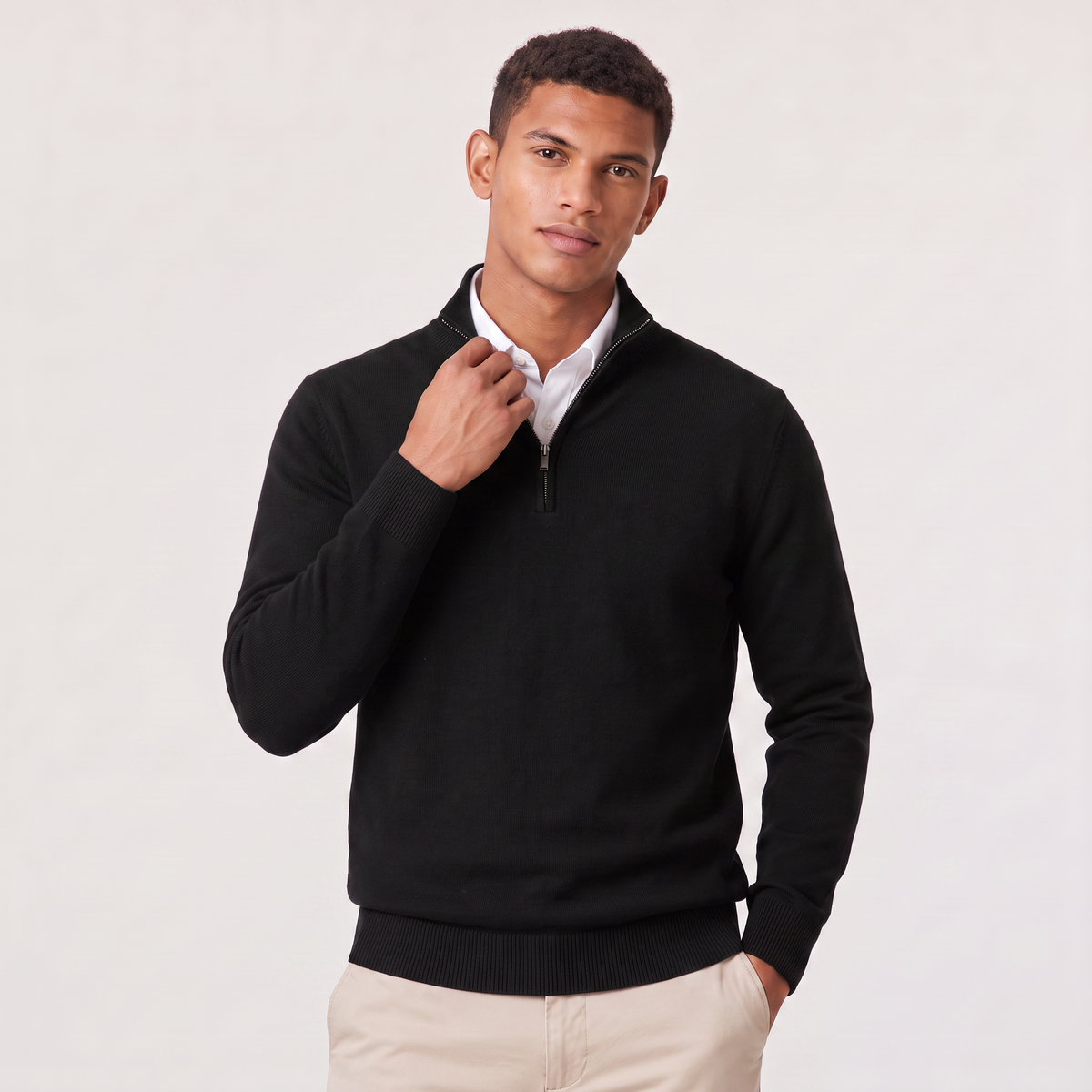 Montarello Men's Quarter-Zip Knitted-Look Sweater with Stand Collar