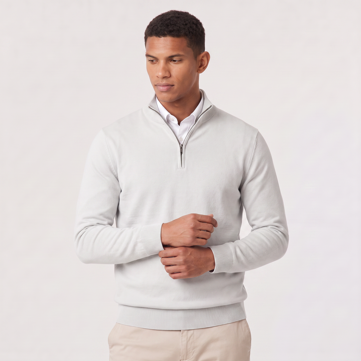 Montarello Men's Quarter-Zip Knitted-Look Sweater with Stand Collar