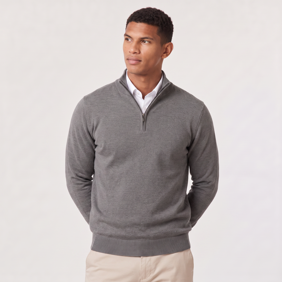 Montarello Men's Quarter-Zip Knitted-Look Sweater with Stand Collar