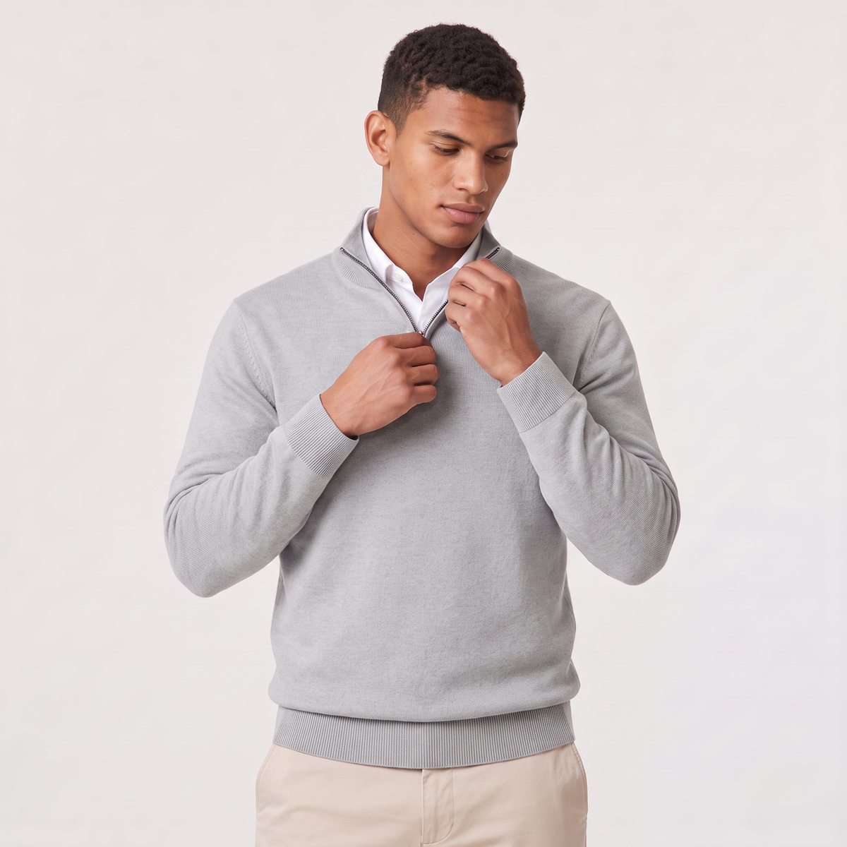 Montarello Men's Quarter-Zip Knitted-Look Sweater with Stand Collar