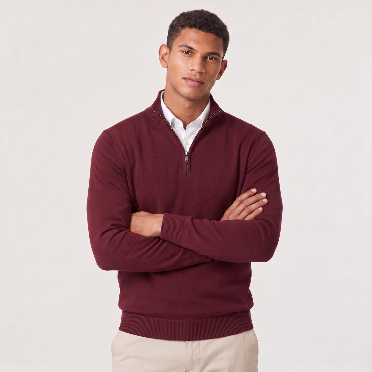 Montarello Men's Quarter-Zip Knitted-Look Sweater with Stand Collar