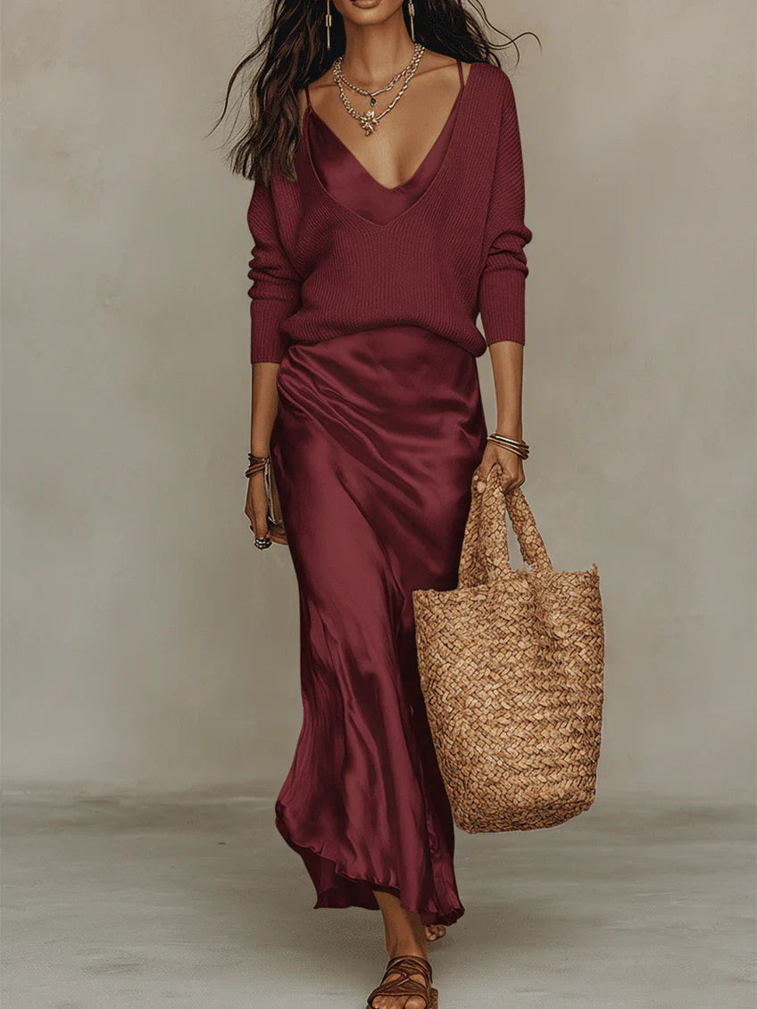 Montarello Women's Satin-Look Midi Dress Knit Co-Ord Set